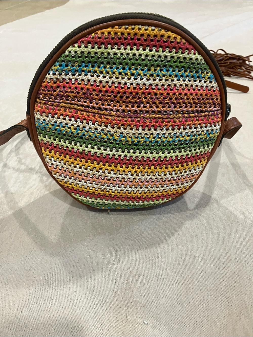 Patricia Nash Multicolor Woven Round Crossbody with Brown Trim